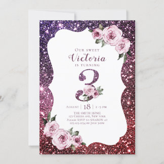 Burgund lila Glitzer und Blüten 3. Geburtstag Einladung