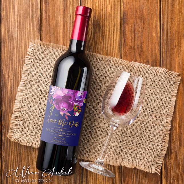 Burgund Lila Red Gold Floral Save the Date Weinetikett (Von Creator hochgeladen)