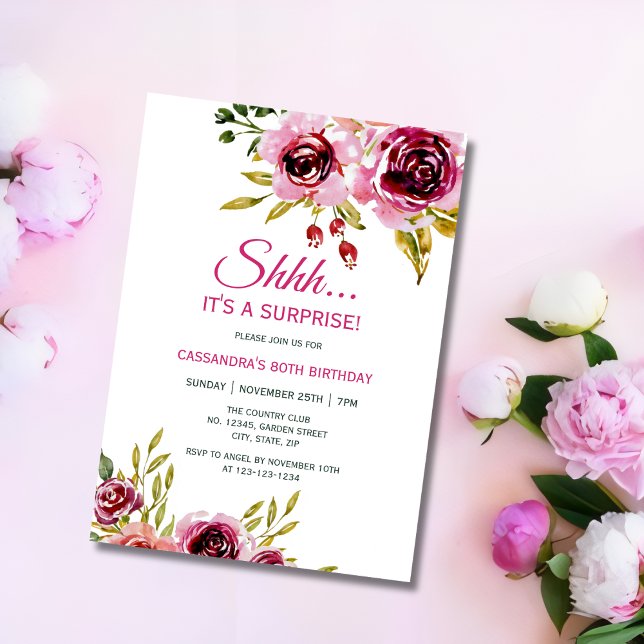 Burgund Lila Rose Blumenüberraschung Geburtstag Einladung (Von Creator hochgeladen)
