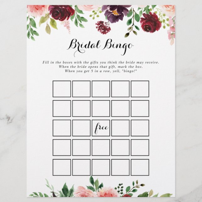 Burgund Lila Spring Floral Bridal Bingo Game (Vorderseite)