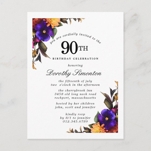 Burgund Lila Yellow 90. Geburtstagskarte Einladungspostkarte (Vorderseite)