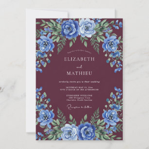 Burgund Luxuriöse Blaue Rose Hochzeit Einladung