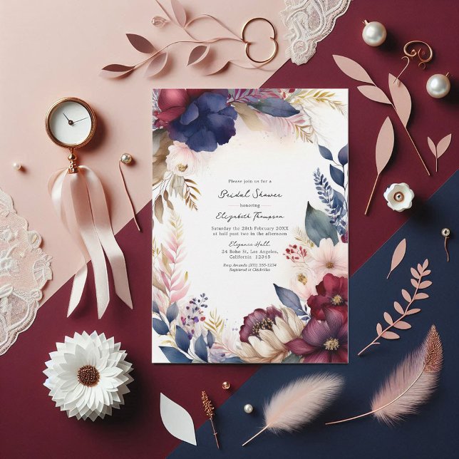 Burgund, Marine, Blush Boho Blumengestein Brautpar Einladung (Burgundy, Navy, Blush Boho Floral Bridal Shower Invitation)