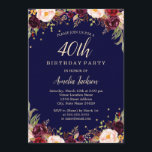 Burgund Marine Elegant Floral 40. Geburtstag Party Einladung<br><div class="desc">hübscher Blumenladen zum Geburtstag im Little Bayleigh Store!</div>