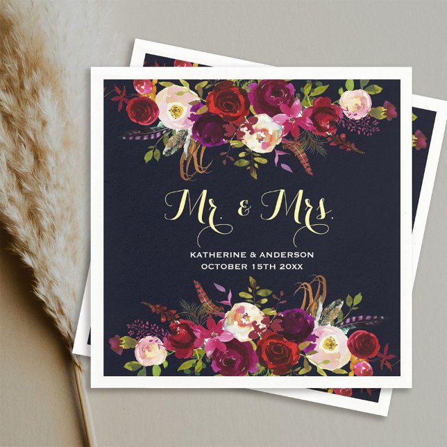 Burgund Marine Rustic Floral Mr. und Mrs. Wedding Serviette (Von Creator hochgeladen)