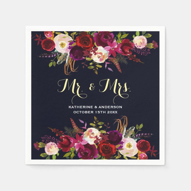 Burgund Marine Rustic Floral Mr. und Mrs. Wedding Serviette (Vorderseite)