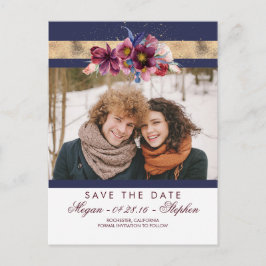 Burgund Marine und Gold Floral Save the Date Ankündigungspostkarte