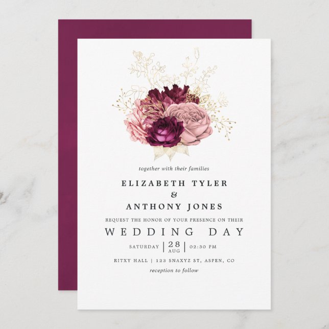 Burgund - Marsala Blush Pink and Gold Wedding Einladung (Vorne/Hinten)