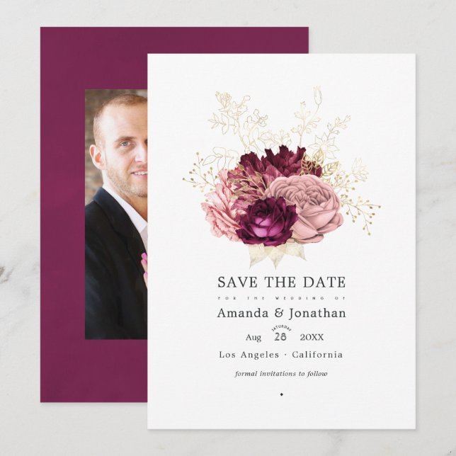 Burgund - Marsala Blush Pink and Gold Wedding Save The Date (Vorne/Hinten)