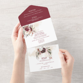Burgund, Marsala, Blütenrosa, Blumenzehen All In One Einladung