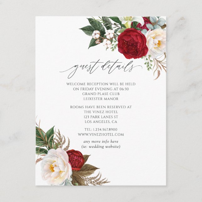 Burgund - Marsala Floral Wedding Guest Details Begleitkarte (Vorderseite)