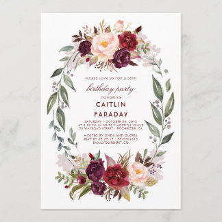 Burgund - Marsala Floral Wreath Geburtstagsparty Einladung