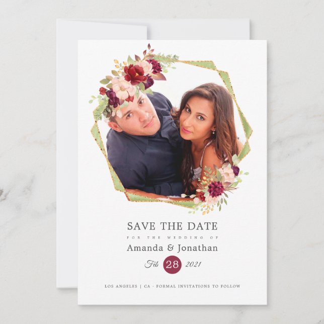 Burgund-Marsala-Hochzeit und Blush-Foto Save The Date (Vorderseite)