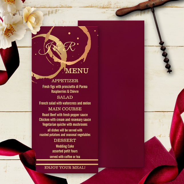 Burgund Marsala Menükarte (Elegant modern menu card featuring a burgundy marsala design with gold printed wine stains.)