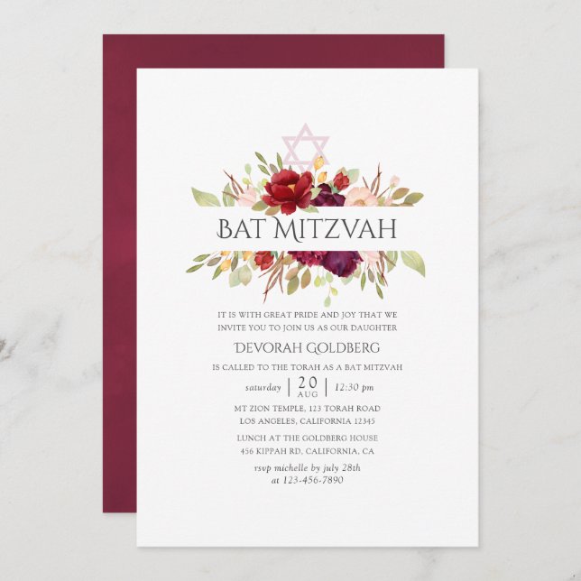 Burgund - Marsala und Blush Floral Bat Mitzvah Einladung (Vorne/Hinten)