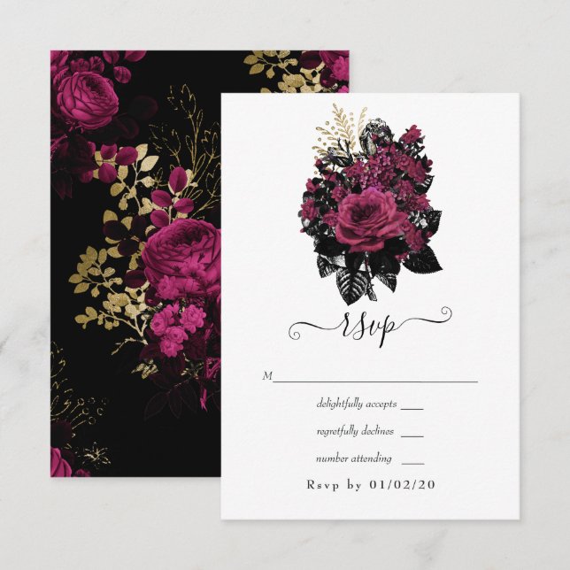 Burgund - Marsala und Gold Floral Wedding RSVP Karte (Vorne/Hinten)