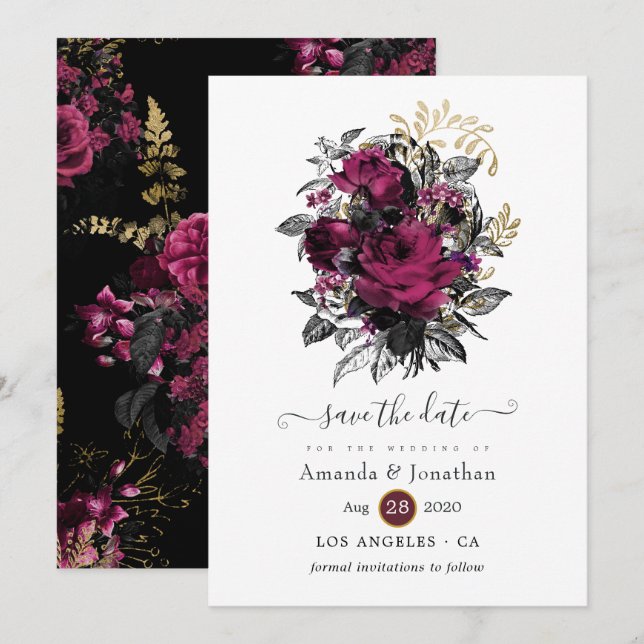 Burgund - Marsala und Gold Floral Wedding Save The Date (Vorne/Hinten)