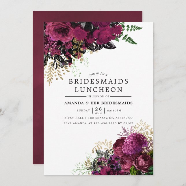 Burgund - Marsala und Goldbridmaids Luncheon Einladung (Vorne/Hinten)