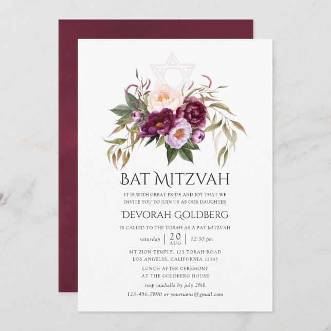 Burgund - Marsala und Peach Bat Mitzvah Einladung (Vorne/Hinten)