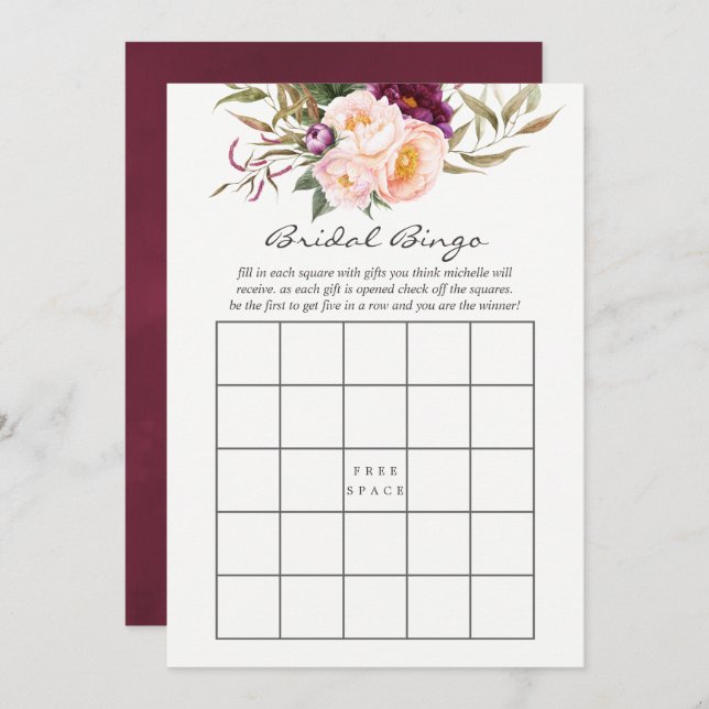 Burgund - Marsala und Peach Floral Bridal Bingo Einladung (Vorne/Hinten)