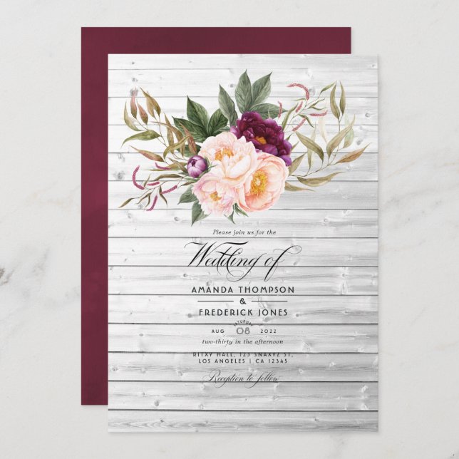 Burgund - Marsala und Peach Rustic Floral Wedding Einladung (Vorne/Hinten)