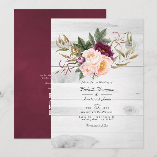 Burgund - Marsala und Peach Rustic Floral Wedding Einladung (Vorne/Hinten)