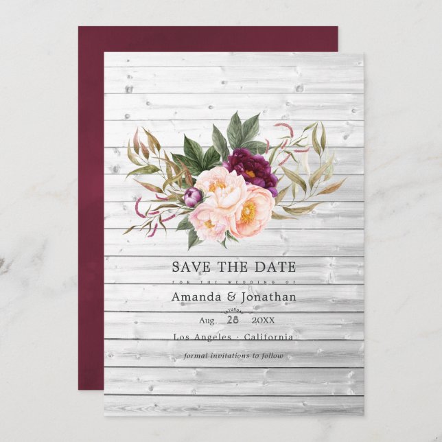 Burgund - Marsala und Peach Rustic Floral Wedding Save The Date (Vorne/Hinten)