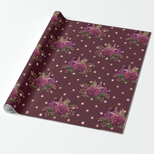 Burgund - Marsala und Rose Gold Floral Geschenkpapier (Ungerollt)