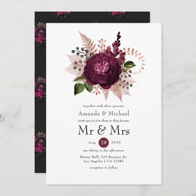 Burgund - Marsala und Rose Hochzeit der Goldenen B Einladung (Vorne/Hinten)