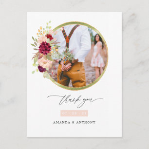 Burgund-Marsala und Rosé Hochzeitsfoto Danke Postkarte