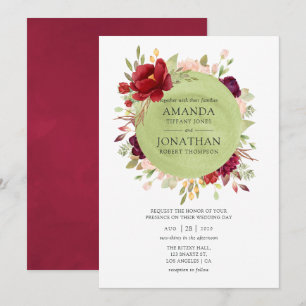 Burgund - Marsala und roséfarbenes Blumenhochzeit Einladung