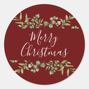 Burgund Merry Christmas Elegante Script Greenery Runder Aufkleber