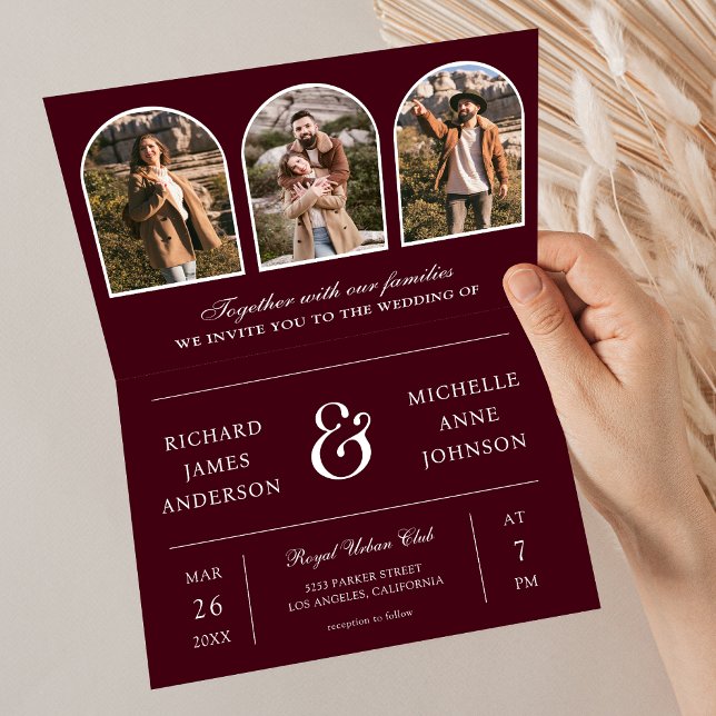 Burgund Minimaler Bogen Foto QR-Code Hochzeit Einladung (Von Creator hochgeladen)