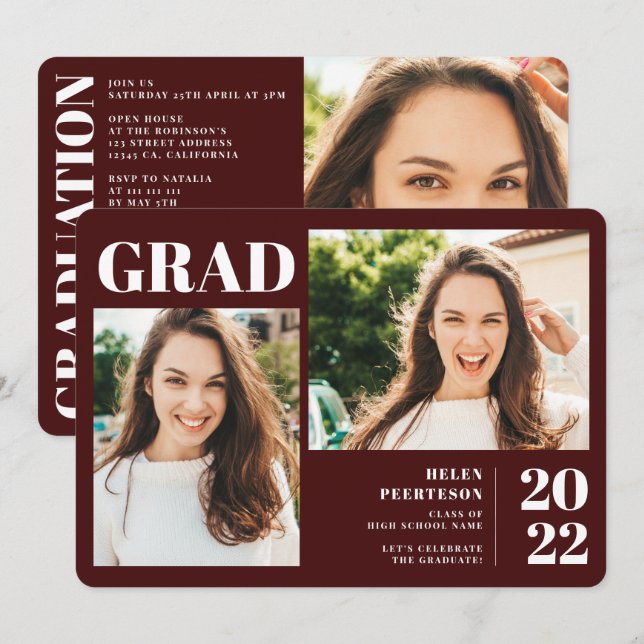 Burgund minimalistisch moderne 3 Foto Abschluss Einladung (Vorne/Hinten)