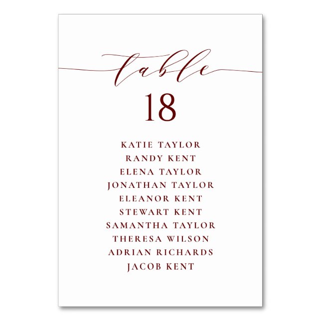Burgund Minimalistischer Script-Hochzeitsplan Tischnummer (Vorderseite)