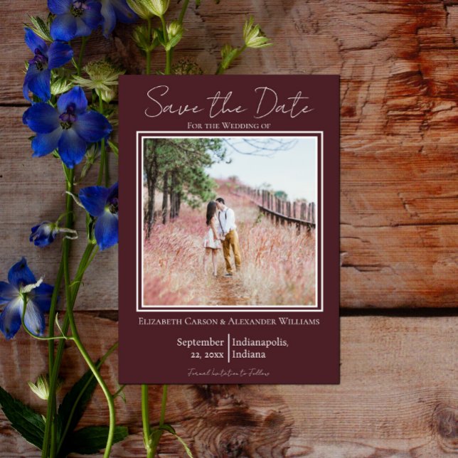 Burgund Minimalistisches Foto Save the Date (Burgundy Minimalist Photo Save the Date)