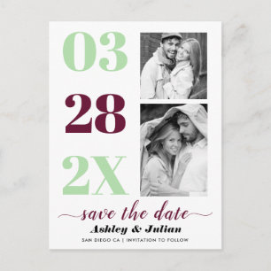 Burgund, Minzgrün zwei Foto Save the Date Postkarte