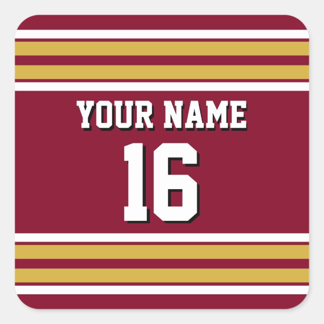 Burgund mit Gold White Stripes Team Jersey Quadratischer Aufkleber (Vorderseite)