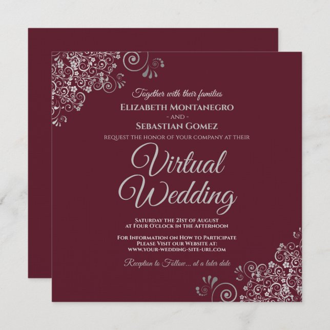 Burgund mit Lacy Silver Elegant Virtual Wedding Einladung (Vorne/Hinten)