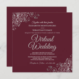 Burgund mit Lacy Silver Elegant Virtual Wedding Einladung