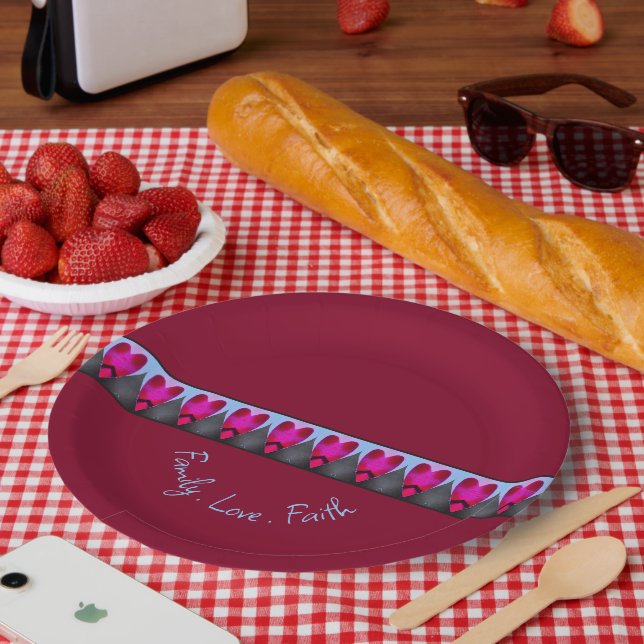 Burgund mit rosa Herzmuster Pappteller (Picknick)