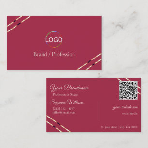 Burgund mit Rosen-Gold-Linien-Logo und QR-Code Visitenkarte