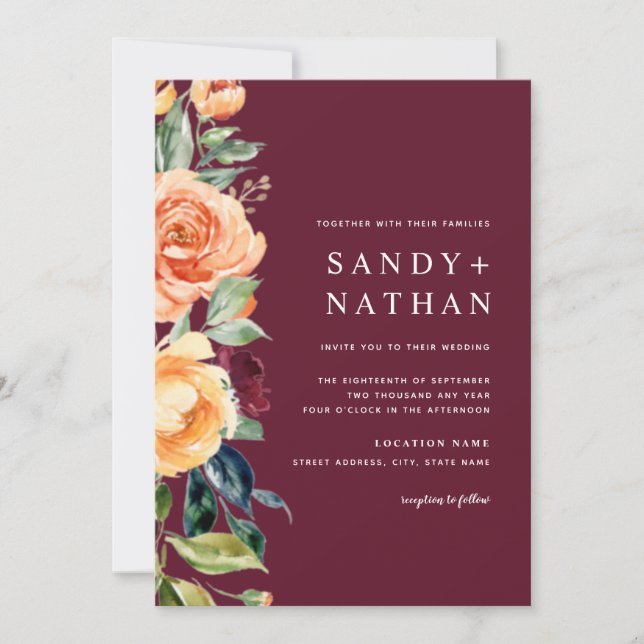Burgund Moderne Blumenblüten Einladung Hochzeit (Vorderseite)