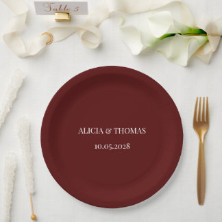 Burgund Moderne Initialen Minimalistische Hochzeit Pappteller