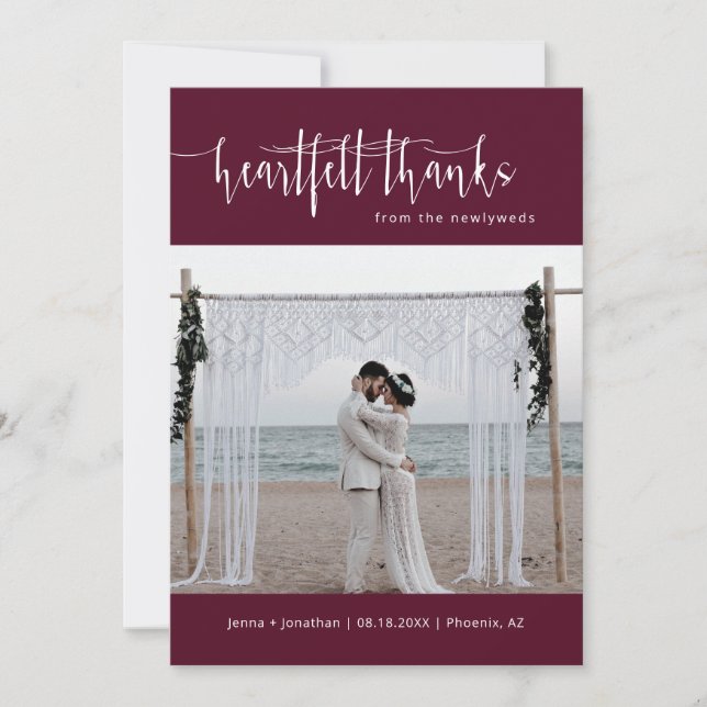 Burgund Moderne Minimal-Script-Hochzeitsskrippe Fo Dankeskarte (Vorderseite)