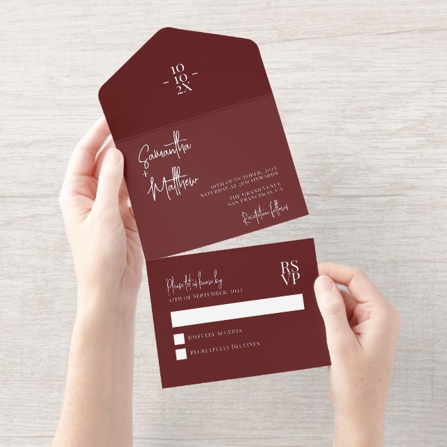 Burgund Moderne Minimalistische Silberfolie Hochze All-in-One-Einladung (Abreißstreifen)