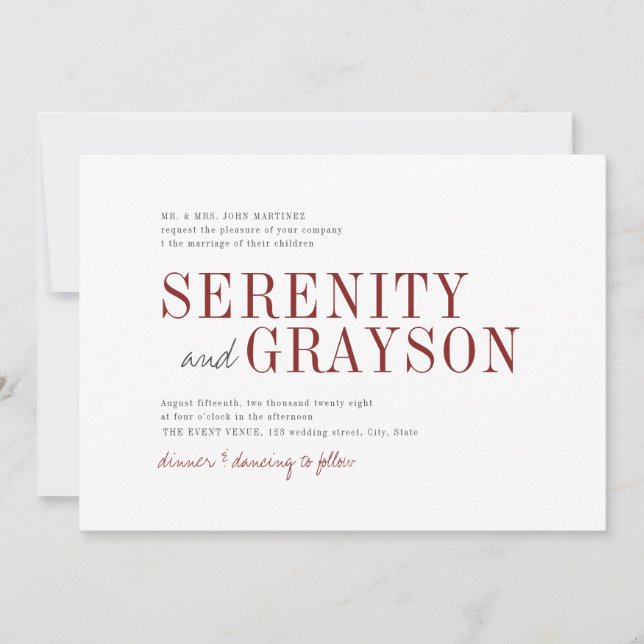 Burgund moderne Typografie minimalistische Hochzei Einladung (Vorderseite)