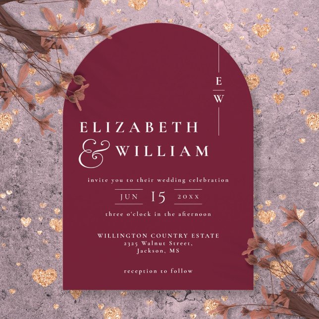 Burgund Moderner eleganter Mongram-Hochzeitsbogen Einladung (Burgundy Modern Elegant Chic Monogram Wedding Arch Invitation)