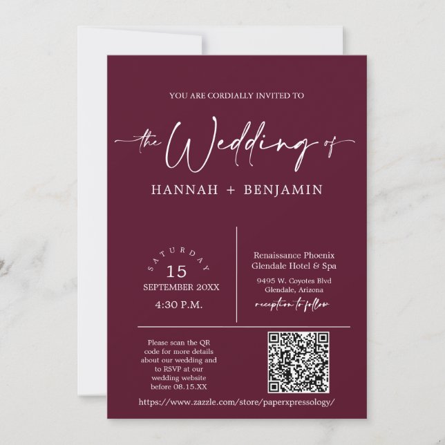 Burgund Modernes Minimal-Hochzeitbogen QR Code Fot Einladung (Vorderseite)