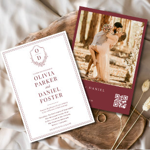 Burgund Modernes Wappen QR Code Foto Hochzeit Einladung